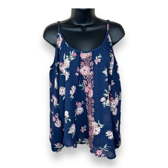 Medium Rewind Blue Pink Floral Blouse Cold Shoulder Boho  Lace Accent - Picture 1 of 9